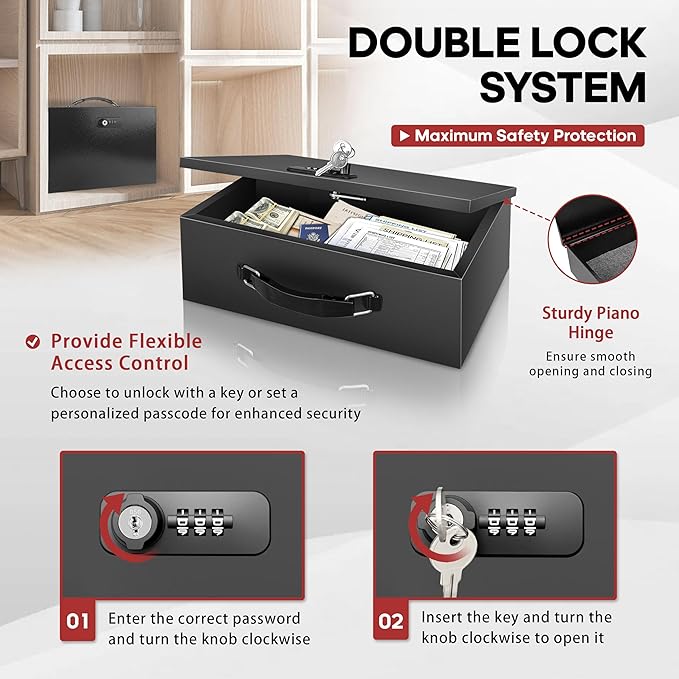 YIYITOOLS Fireproof Lock Box with Key and Combination Lock, Fire Safe Document Box, Portable Fireproof Waterproof Safe for Home,Office,Travel, Secure Storage for Documents,Jewelry,Passport,Cash