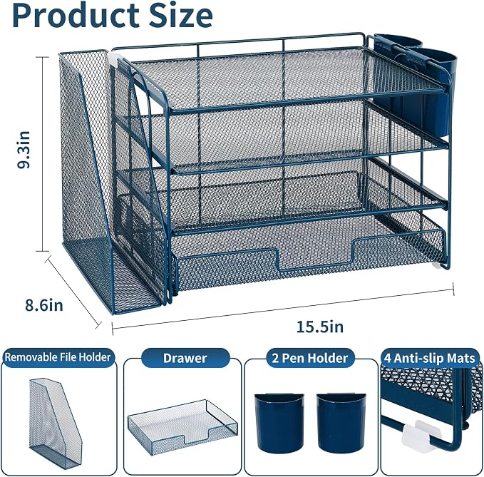 Desk Organizer, 4-Tier Desktop File Organizer with Drawer and Pen Holders, Office Desk Accessories, File Sorters, Workspace Organizers for Office Supplies(Dark Blue)
