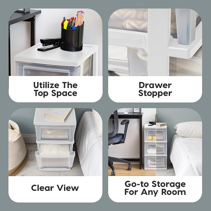 IRIS USA 3-Drawer Slim Narrow Storage Organizer, 2-Pack, White/Clear | Organize craft supplies, school essentials, beauty items, and small household accessories with compact drawer storage