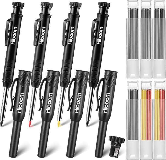 Hiboom 4 Pack Carpenter Pencil with 36 Refills Built In Sharpener (Black) | Concrete Wood Metal, Deep Marking, Multi-Color Refills, 2.8mm Lead, Construction Work, Waterproof, Carpenter Builder DIY