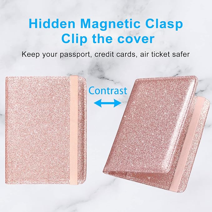ACdream Passport Holder Cover, Leather Travel Wallet Case, RFID Blocking Document Organizer Protecrtor, with Slots for Credit Cards, Boarding Pass, for Women and Men, Glitter Rose Gold
