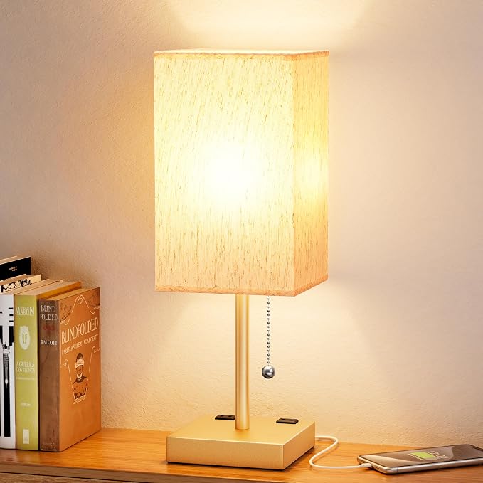 Gold Bedside Lamp for Bedroom - 3 Color Temperatures, USB A+C, 2 AC Outlets | Pull Chain Switch, LED Bulb Included, Cream Fabric Shade, 17.4" Table Lamp for Nightstand, Desk, Living Room, Office