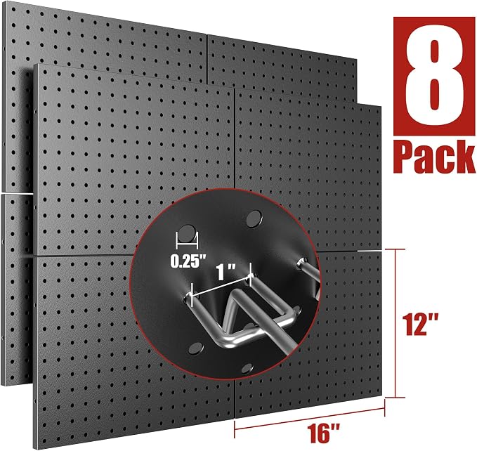 Heavy Duty Peg Board, 8 Pack Metal Pegboard Panels with 50 Hooks | Black Pegboard Organizer - Wall Mount Storage System for Garage and Garden Tools, Workbench, Office & Home Organization