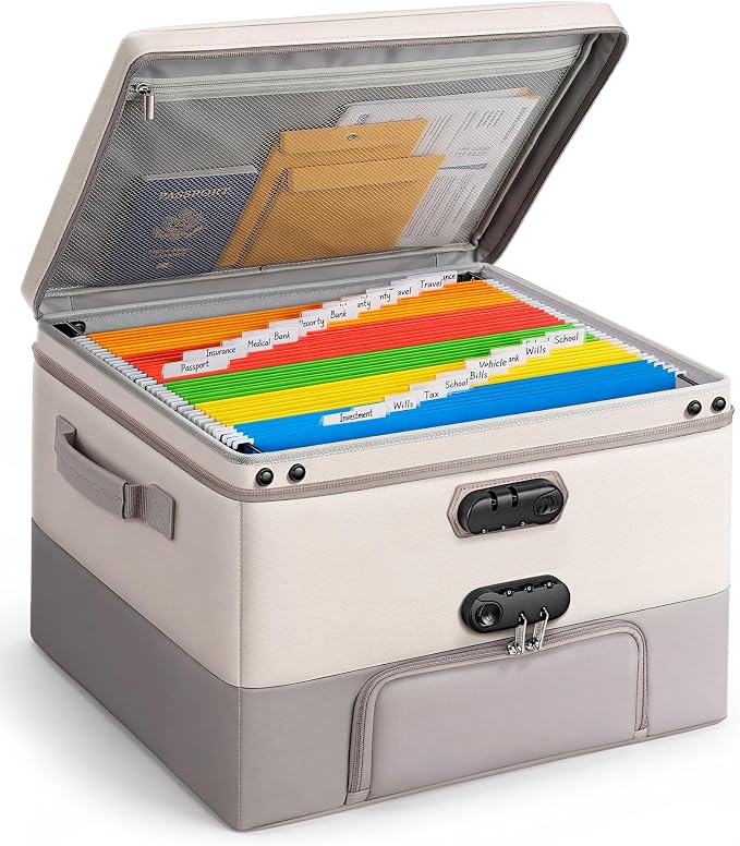 Fireproof Document Box with 2 Locks, 10 Hanging File Folders | Large-Capacity Family Filing System for Organizing Estate Planning, Emergency Preparedness and Home Office Important Document