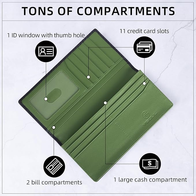 VISOUL Mens Checkbook Leather Wallets Long Bifold Wallets for Men Suit Wallet with 3 Cash Compartments 12 Credit Card Slots (Black+Olive Green)