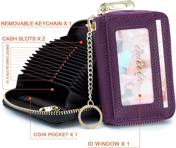 imeetu RFID Credit Card Holder, Small Card Wallet Women, Leather Card Case | Genuine Leather Women's Card & id Cases, Change Coin Purse with Zipper Keychain id Window, 20 Colors & 3 Styles, Daily, Gifts