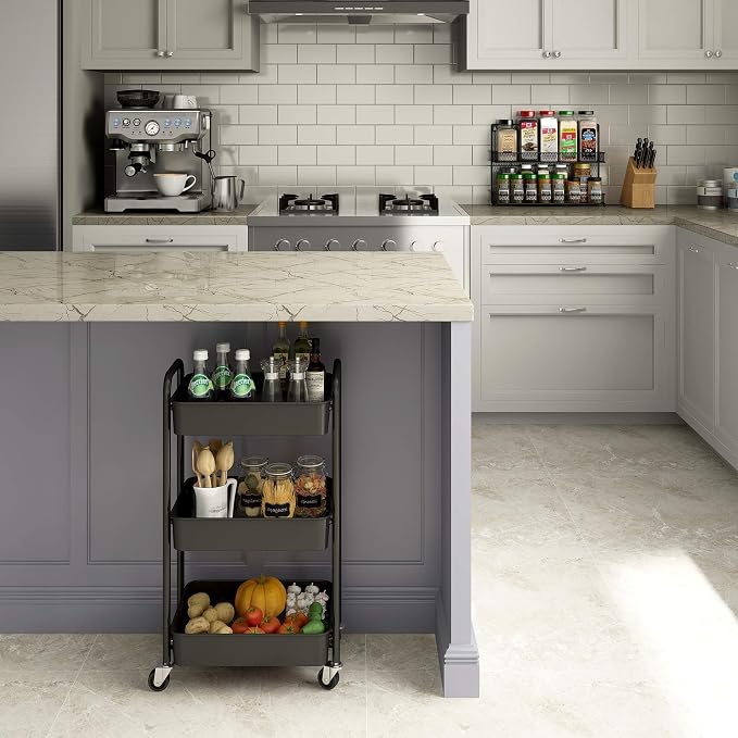3-Tier Rolling Metal Storage Organizer - Mobile Utility Cart, Kitchen Cart with Caster Wheels (Black)
