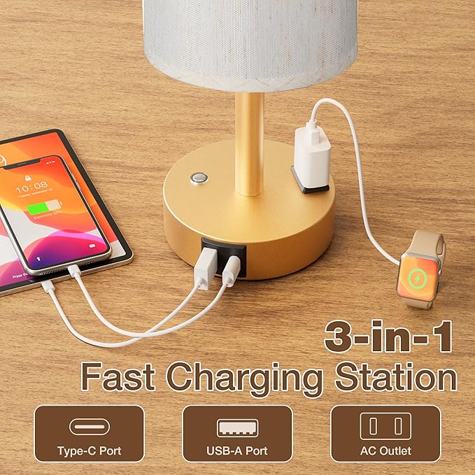 Gold Touch Bedside Lamp for Bedroom, Stepless Dimmable, USB A+C, AC Outlet | Base Touch Button Only, Memory Brightness, Ultra-dim Night Light, Included Bulb for Optimal Dimming, Cream Fabric Shade, Desk