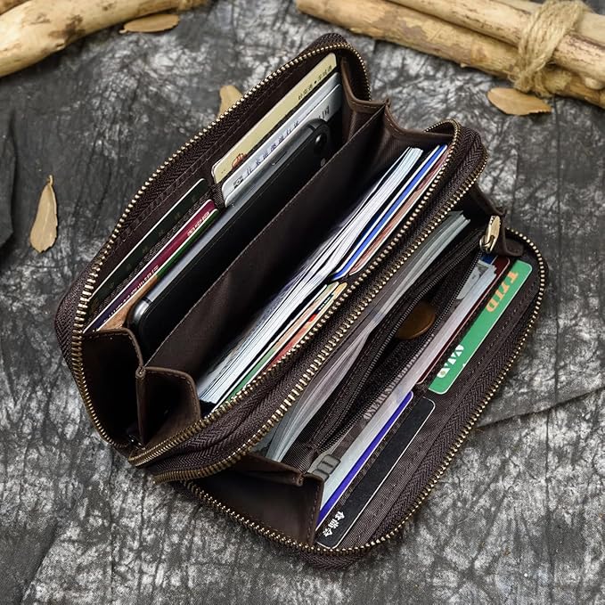 Genuine Leather Long Wallet for Men, Large Capacity Purse Clutch Bag Handbag Checkbook Cash Credit Cards Phone Holder | Large Capacity