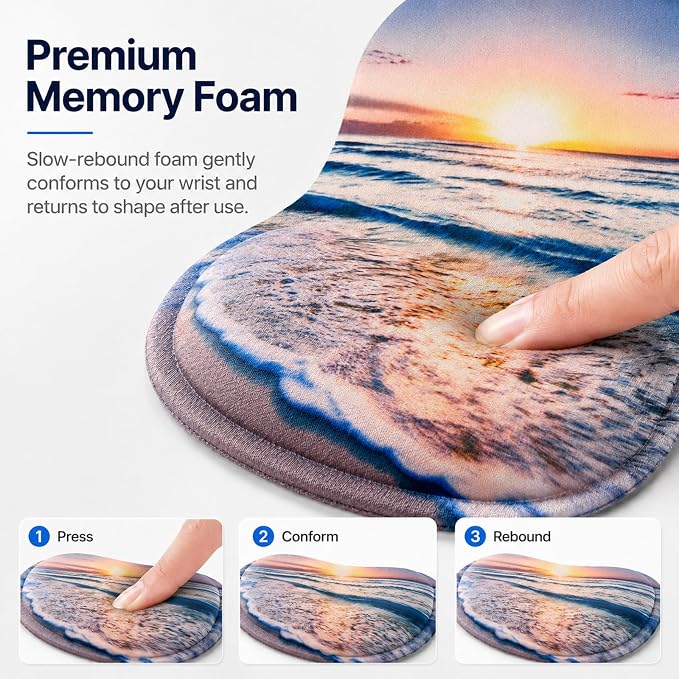 Mouse Pad with Wrist Rest Ergonomic Memory Foam Support, Non-Slip Rubber Base, Comfortable Typing Cushion for Home Office Computer Laptop, Beach