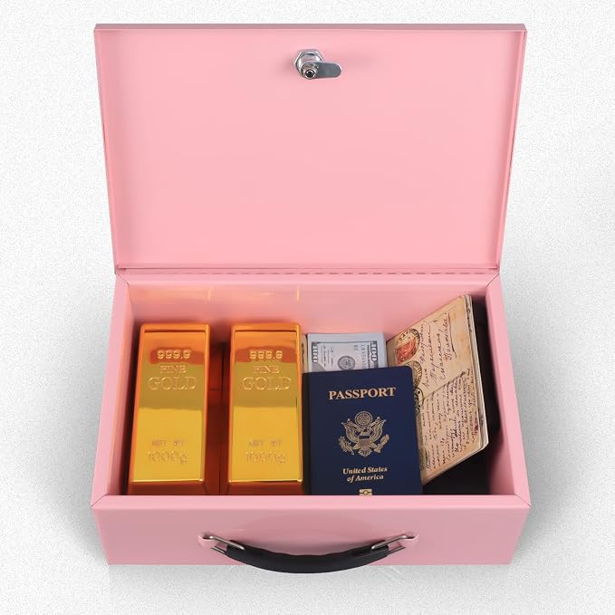 xydled Fireproof Document Box with Key Lock, Fire Safe Box, Pink | Fire and water resistant lock box for documents, passports, cash and valuables, keeping secure at home, 12.8 x 8.5 x 4.5 Inch