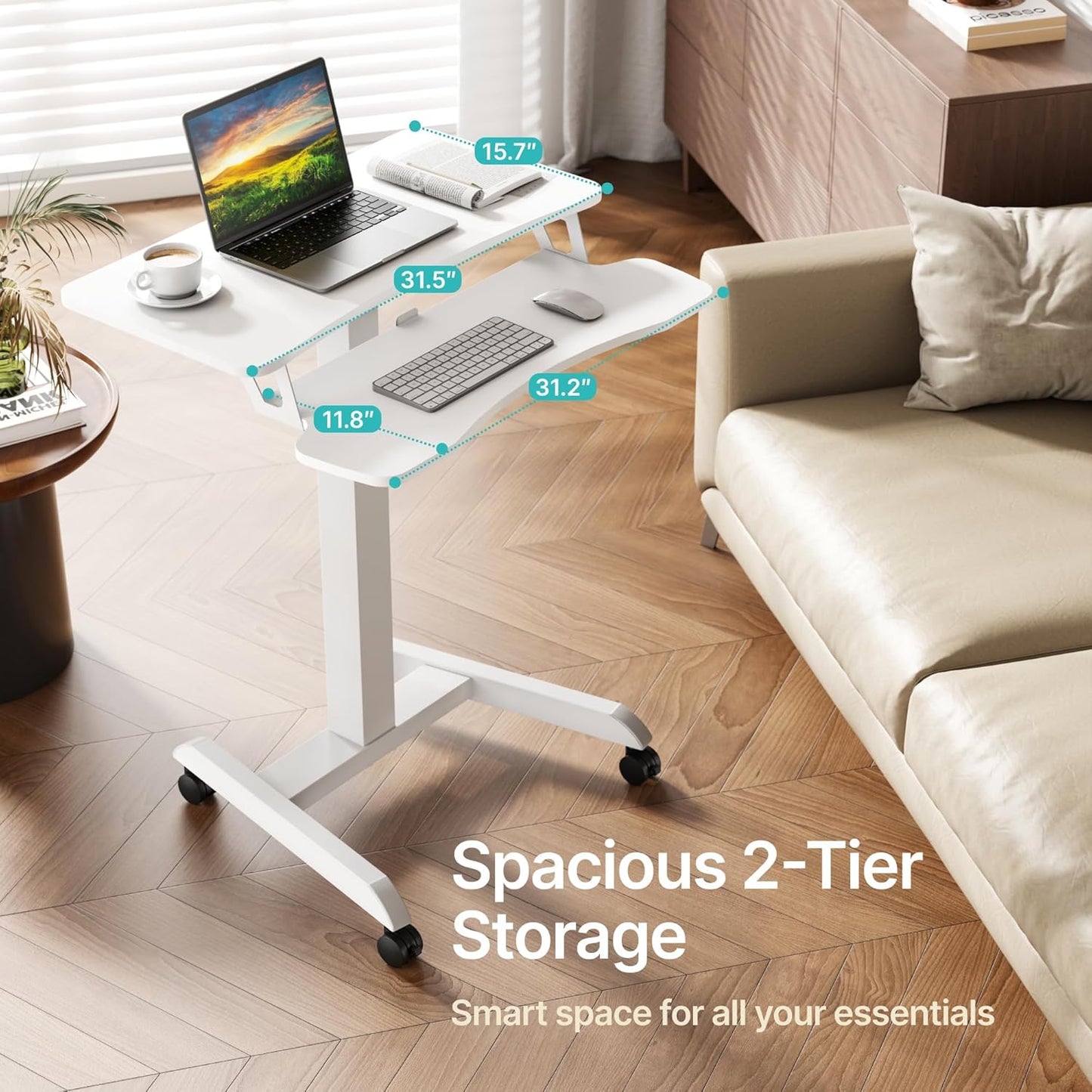 Standing Rolling Desk-Height Adjsutable up to 47.2' Rolling Podium for Teachers, 31.2'× 27.5' Dual Tier Sanding Desk for Classroom, Moveable Laptop Cart, Teacher Podium with Wheels, White