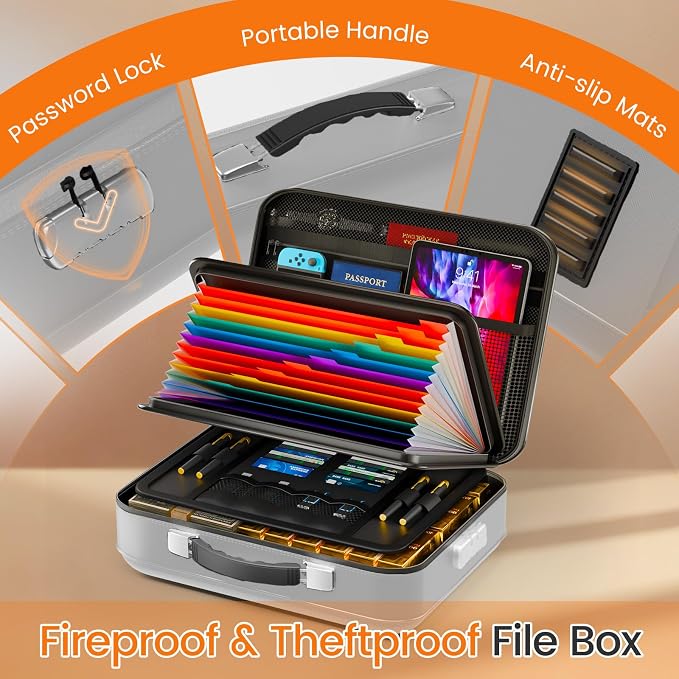 Fireproof Document Box with Lock, 5200°F Fireproof Water Resistant Hard Case File Organizer Safe Box for Important Documents, Certificates, Laptop, Passports (Sliver)