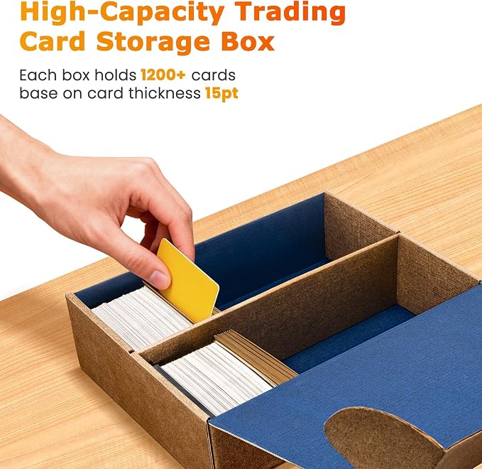 Card Storage Box, 6-Pack 7200 Count Bulk Sports Card Storage Boxes | 5-Layer Corrugated Cardboard Storage Box, Reversible Blue Gold Trading Card Organizer for TCG Mtg Cards