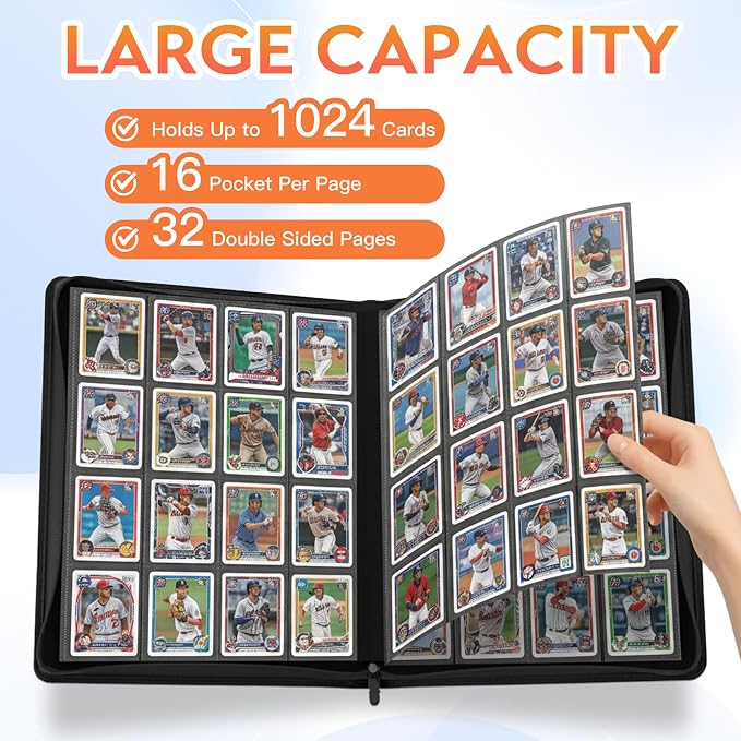 1000+ Pockets Premium Trading Card Binder, 16 Pockets Trading Card Binder Ringless Side Loading Trading,Card Holder Folders for MTG, TCG, Game Cards & Sports Cards(Orange)