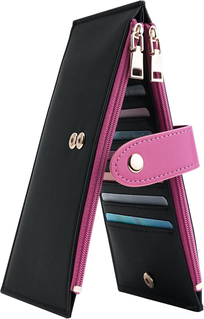 Travelambo Womens Leather Bifold Wallet, Slim RFID Blocking Card Holder | Large Capacity, 16 Card Slots & ID Window, 2 Zipper Pockets, Dual Snap Closure, Slim Lightweight, RFID Privacy Protection