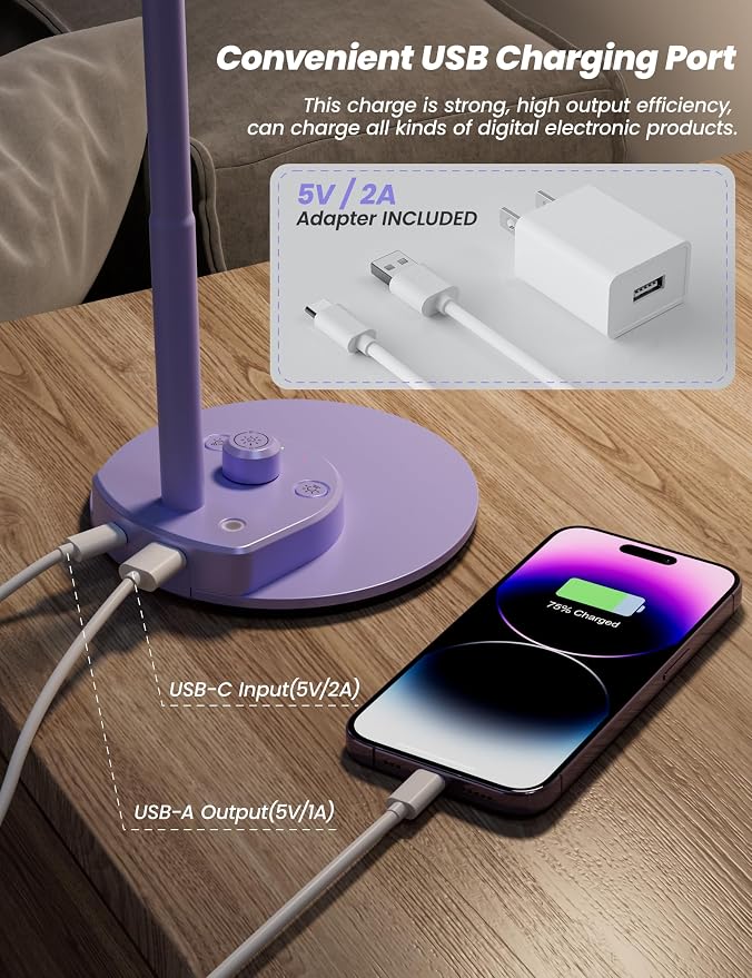 BOHON LED Desk Lamp with USB Charging Port, 3 Color Modes Dim, Lilac Purple | Reading Lamp, Auto Dimming Task Lamp, Flexible Neck Table Light for Office Dorm Bedside, Adapter Include
