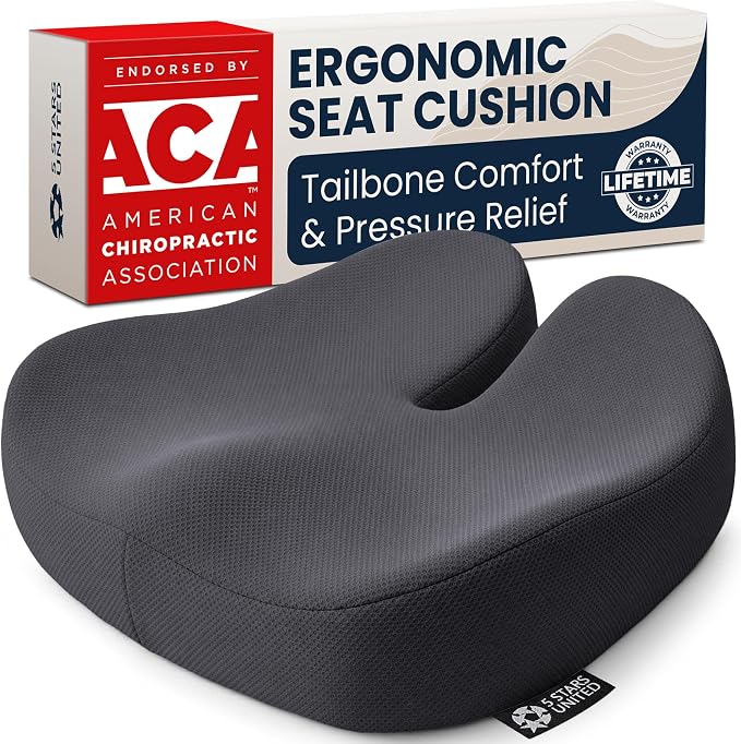 5 STARS UNITED Seat Cushion - Memory Foam Chair Cushion for Tailbone Pain Relief - Ergonomic Support for Coccyx, Sciatica & Butt - Office, Desk & Gaming Chair, Car Seat, Wheelchair, Dark Gray Mesh