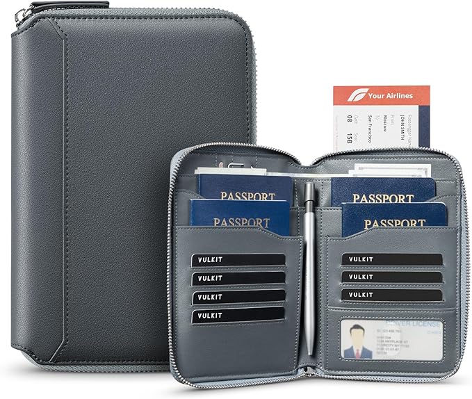 VULKIT Leather Passport Holder for 4-8 Passports Family RFID Blocking Passport Wallet with Zipper Travel Documents Organizer for Men or Women (Navy)