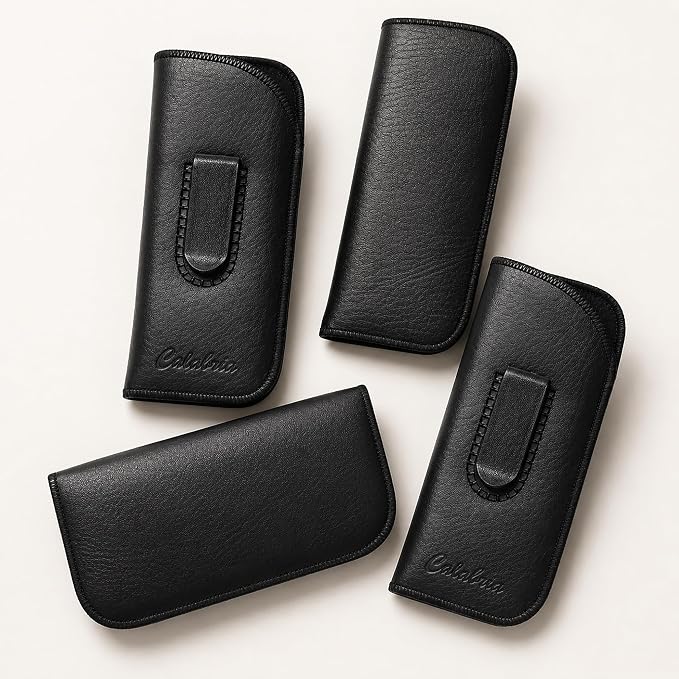 Calabria Slim Eye Glasses Case w/Clip Soft PU Leather Black Men Women Eyeglasses Pouch Slip-In Eyewear Holder Sunglass Bag - 50PACK