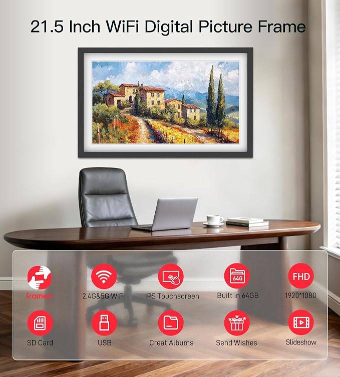 BIGASUO 21.5" Large Digital Picture Frame 64GB, Frameo Digital Photo Frames WiFi with 1920x1080 FHD IPS Touch Screen, Share Photos/Videos Via Frameo App/USB/SD, Photo Gifts for Parent and Grandparent