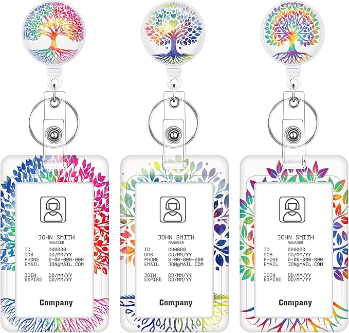 3 Set Badge Holder Retractable Reel Colorful Tree ID Badge Holders with Clip Cute Name Badge Holders for Teacher Nurse Doctor Student Office Workers