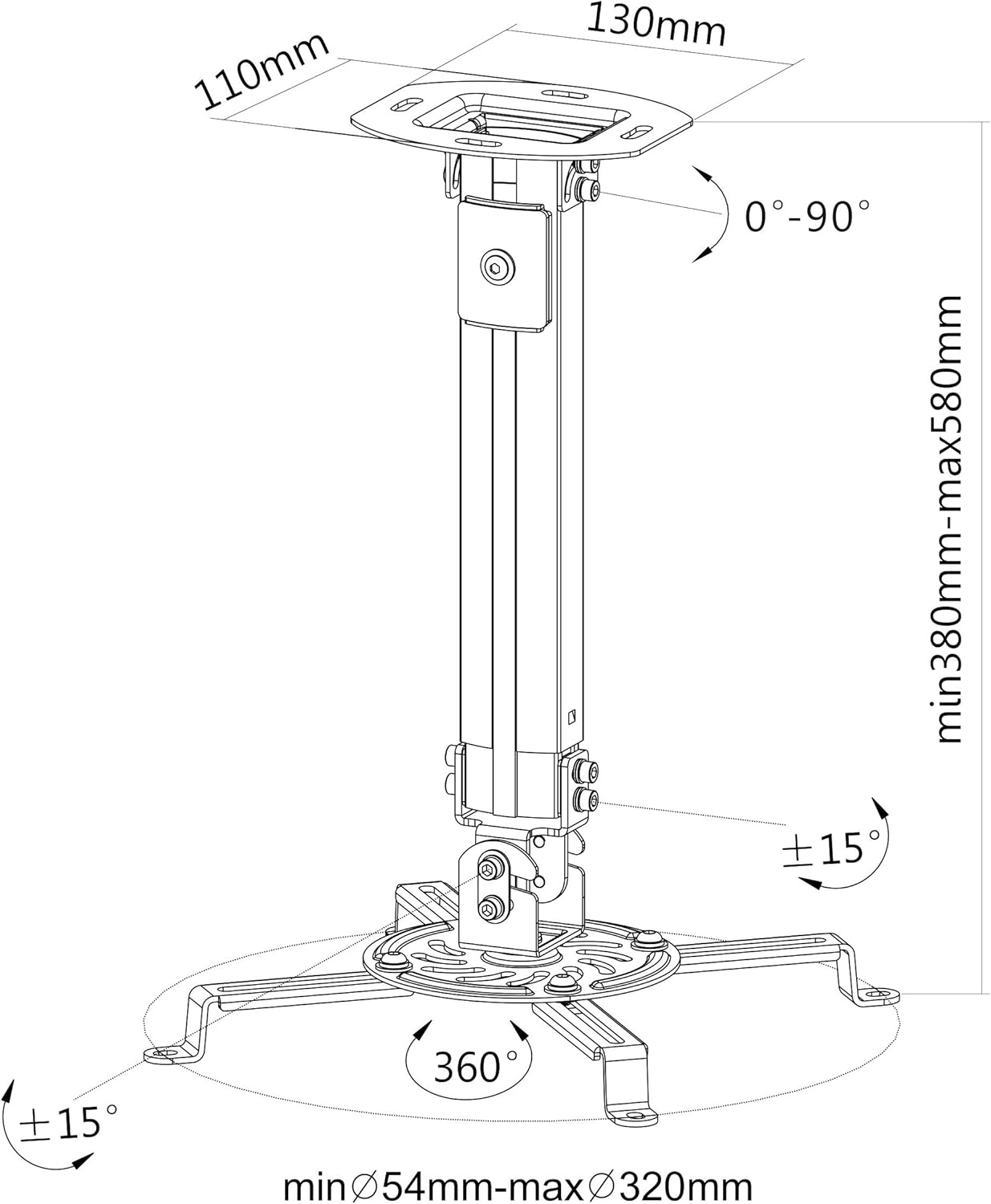 VIVO Universal Extending Ceiling Projector Mount, Height Adjustable Projection, White, MOUNT-VP02W