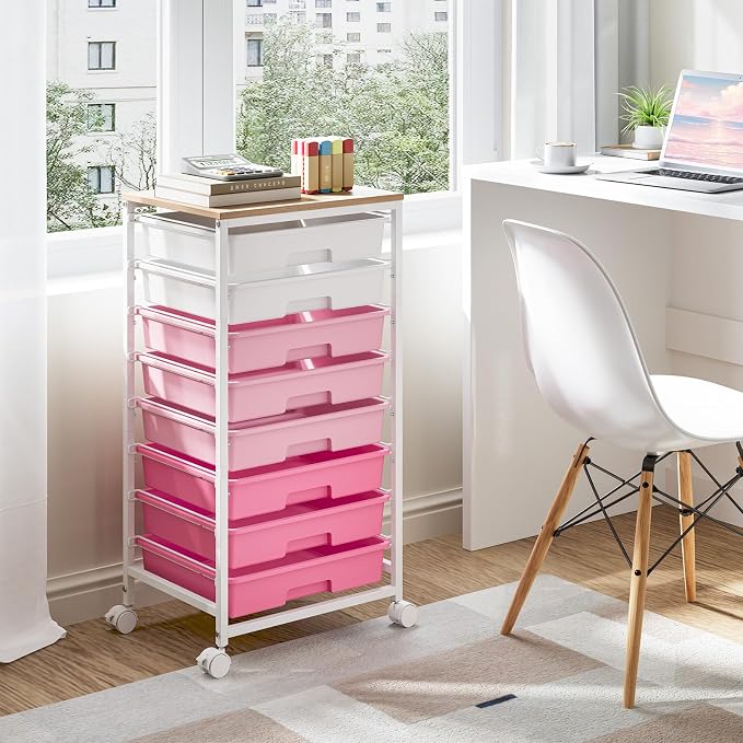 TOOLF Rolling Storage Cart with 8 Drawers,Rose Pink | Utility Cart on Wheels with Wooden Tabletop,Teacher Organization for Classroom, Art Cart for Office,Bedroom,Craft Room