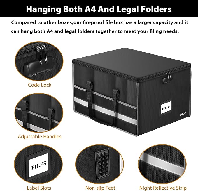 ENGPOW Fireproof Document Box with Lock, File Storage Organizer Box with Inserts ＆Mesh Pockets, Collapsible Portable Large Filing Cabinet Safe for Hanging Both Letter and Legal Folders(19"x16"x11")