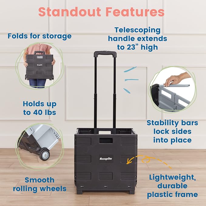 ECR4Kids Universal Rolling Cart with Canvas Organizer Bag, Mobile Storage, Dark Grey/Grey | Durable plastic, 30 compartments, adjustable handle, 40 lb capacity, collapses to 3" thick, rolling wheels for easy transport