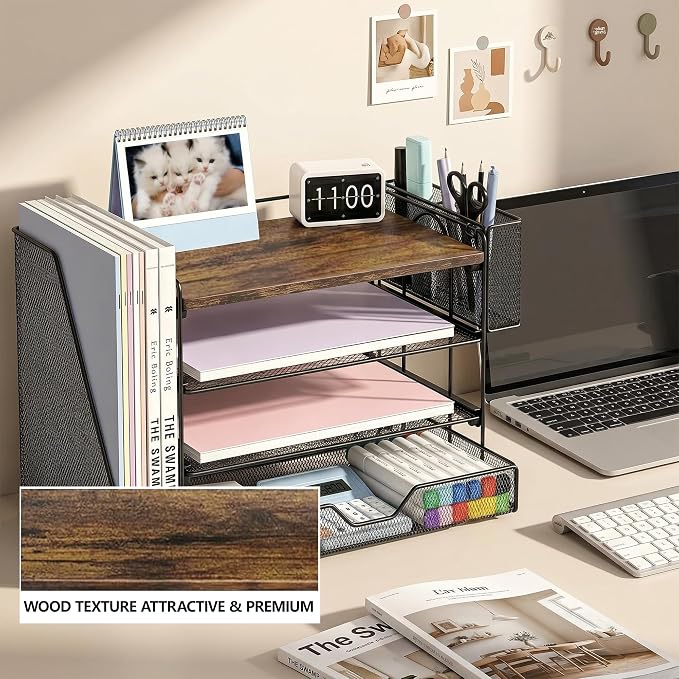 Desk Organizer, 4-Tier Desktop File Organizer with Drawer and Pen Holders, Office Desk Accessories, File Sorters, Workspace Organizers for Office Supplies(Wood)