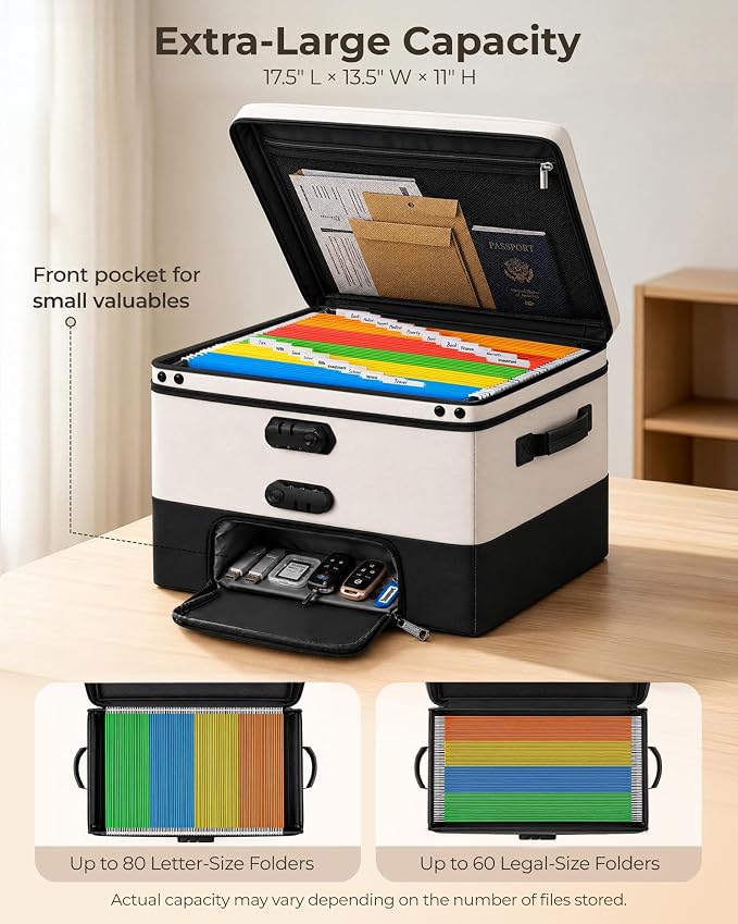 Black Fireproof Document Box with 2 Locks, 10 Hanging File Folders | Collapsible Filing Box for Next of Kin Document Safe, File Box with Hanging Folders Letter/Legal, Home Office Safe Storage