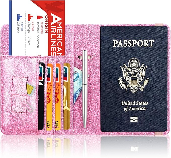 ACdream Passport Holder Cover, Leather Travel Wallet Case, RFID Blocking Document Organizer Protecrtor, with Slots for Credit Cards, Boarding Pass, for Women and Men, Glitter Pink