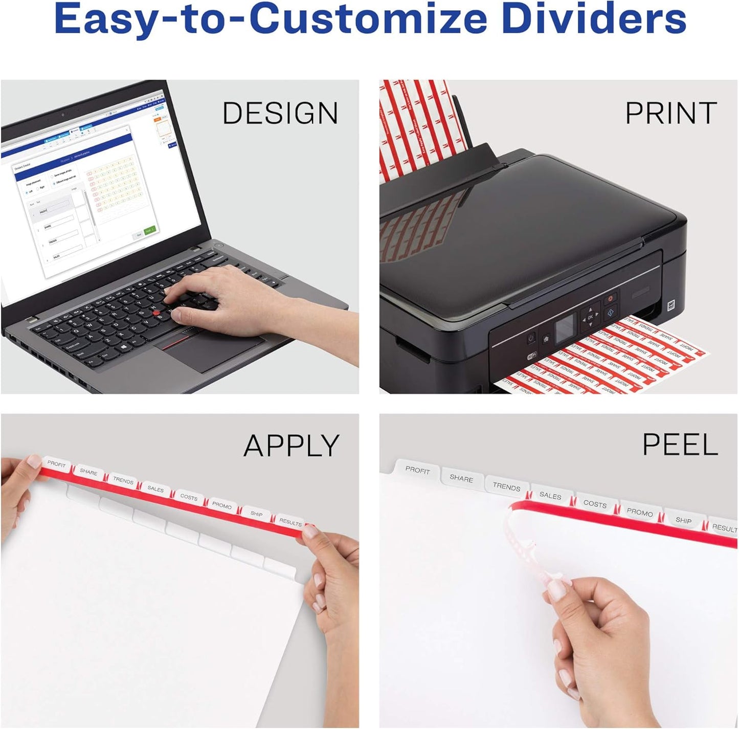 Avery 8 Tab Dividers for 3 Ring Binder, Easy Print & Apply Clear Label Strip, Index Maker Customizable White Tabs, 5 Sets (11437)