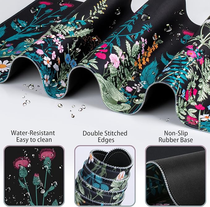 Desk Mat, Large Gaming Mouse Pad with Wrist Rest, 4in1 XXL Mousepad Floral | Keyboard Wrist Rest+Mouse Pad Wrist Support+Cup Coaster Set Ergonomic Computer Desk Arm Wrist for Decor Home Office Women