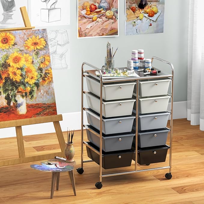 GLACER 10 Drawer Rolling Cart, Storage Cart with Lockable Whieels & Metal Frame, Trolley for Art Craft Oganizer, Mobile Utility Cart for Office, School, Classroom, Kitchen (Gray Gradient)