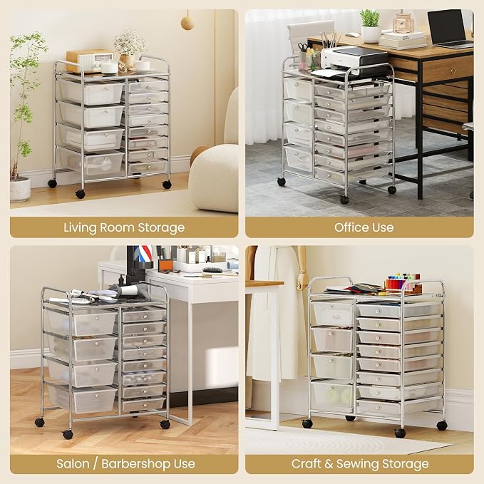 BECOMFORT 15-Drawer Rolling Cart with Drawers, Storage Cart on Wheels, Teacher Classroom Organizers with Metal Frame, Mobile Craft Cart for Tools