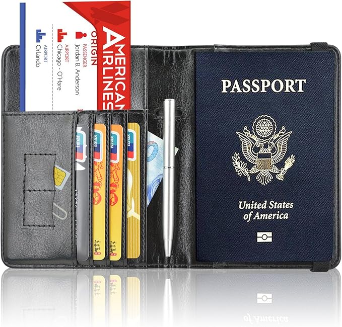 ACdream Passport Holder Cover, Leather Travel Wallet Case, RFID Blocking Document Organizer Protecrtor, with Slots for Credit Cards, Boarding Pass, for Women and Men, Black