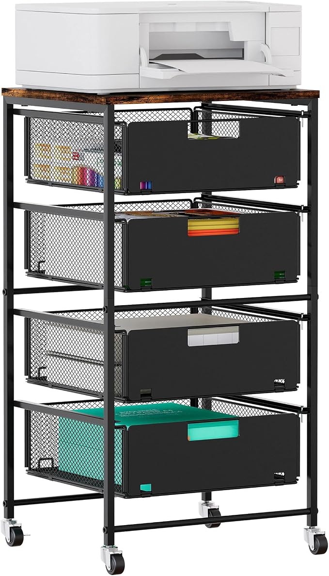 EasyPAG Rolling Storage Cart with 4 Drawers, Under Desk File Cabinet on Lockable Wheels, Moviable Hanging File Folder Organizer with Wooden Printer Stand for Home Office