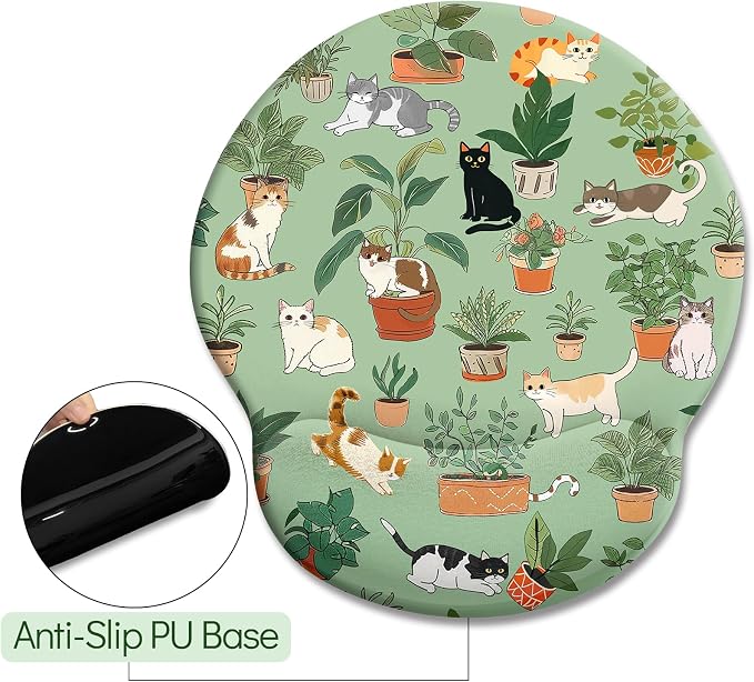 LIMKRIAN Cat Ergonomic Mouse Pad with Wrist Rest, Green Computer Mouse Pad | Non-Slip PU Base, Smooth Surface, Cooling Gel Eases Wrist Pain, Comfort Wrist Support, Cute Office Desk Accessories Decor
