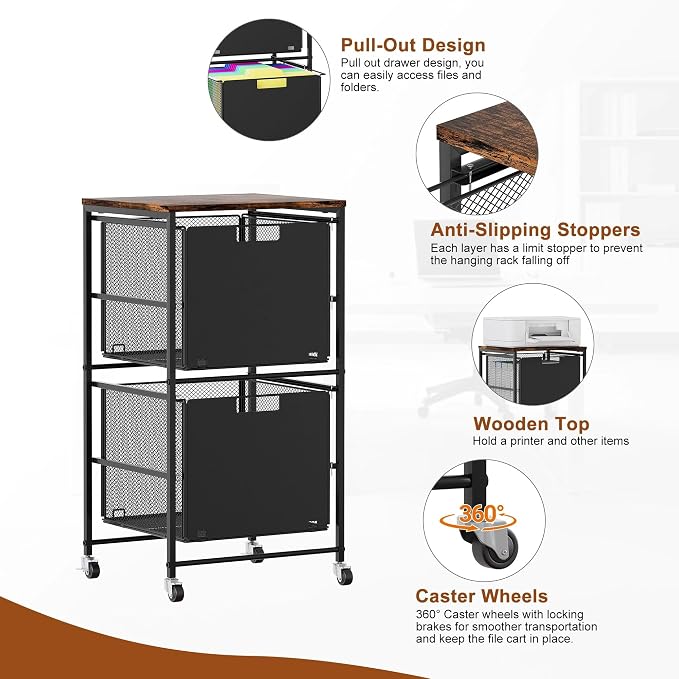 EasyPAG Rolling Storage Cart with 2 Drawers, Under Desk File Cabinet on Lockable Wheels, Movable Letter Size Hanging File Folder Organizer with Wooden Printer Stand for Home Office, Black