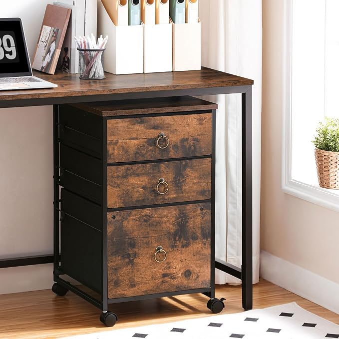 HOOBRO 3-Drawer Mobile File Cabinet, Vertical Filing Cabinet, Under Desk Cart with Drawers for Home Office, Rolling Printer Stand, A4/Letter-Sized, Fabric Drawer, Rustic Brown BF30WJ01