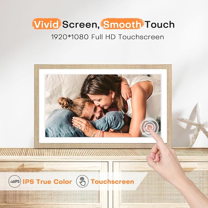 Digital Picture Frame Large, 15.6 Inch Digital Photo Frame Frameo, WiFi Electric Slideshow Frame, 1920*1080 IPS FHD Touchscreen, 32GB, Tabletop&Wall-Mounted, Share Video Picture, Gifts, Oyster White