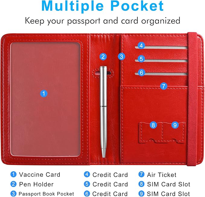 ACdream RFID BLOCKING Passport Holder Travel Wallet - Premium PU Leather Cover Passport book with Card Holder, Pen Slot, Keep Organization, and Travel Essentials for Women and Men, Red
