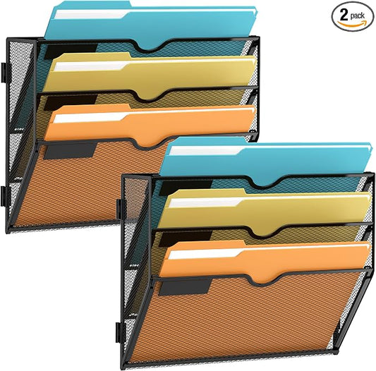 3 Tier Wall File Organizer, Hanging Wall Mounted Mail Organizer with Label Slots, Metal Mesh File Holder Magazine Rack for Office, Home, School or Classroom, Black, 2Pack