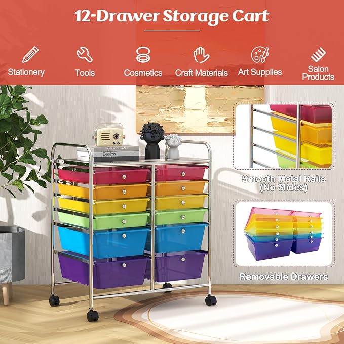 COSTWAY 12-Drawer Rolling Storage Cart, Moveable Art Craft Organizer | Lockable Wheels, Metal Shelf, Files Arrangement Tools Makeup Storage Cart for Office, Home, School (Rainbow)