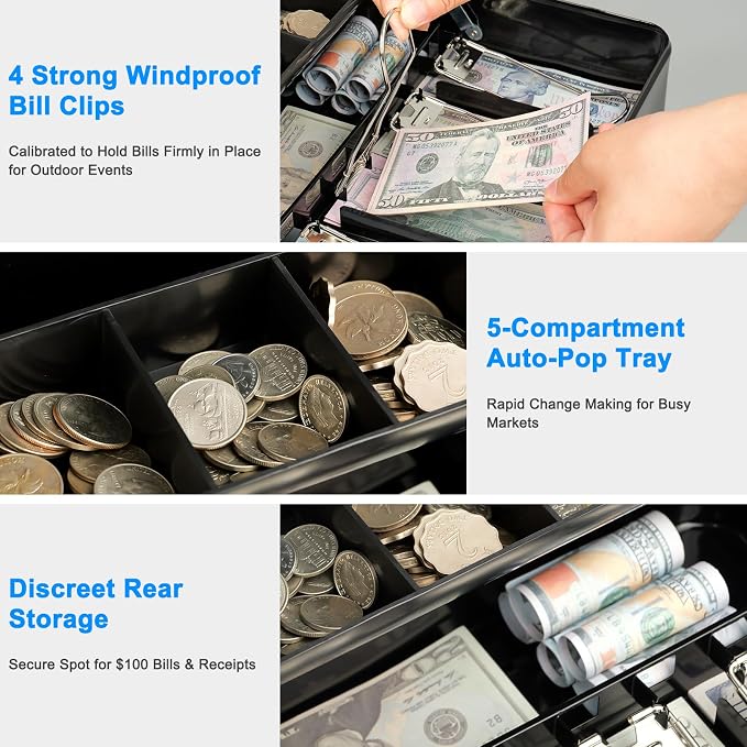 KYODOLED Cash Box with Key Lock–0.7mm Thick Metal Money Box for Flea Market Vendors, Craft Fairs & Small Business–Portable Cash Drawer with Auto-Pop Coin Tray & Windproof Bill Clips (11.8", Black)
