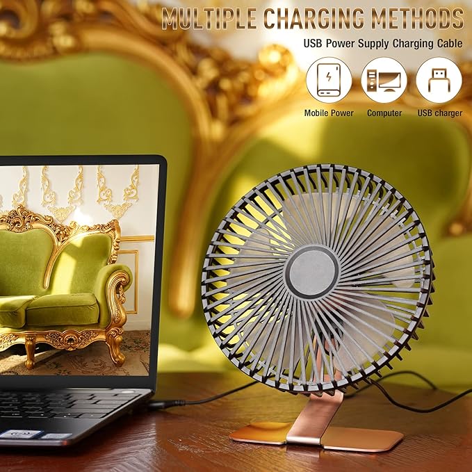 SLENPET 6-inch USB Small Desk Fan, 4 Speeds, Powerful Desktop Table Fan | Ultra-quiet, 90° Adjustment for Better Cooling, Portable Mini Personal Fan for Home Office, Metal Base, Bronze