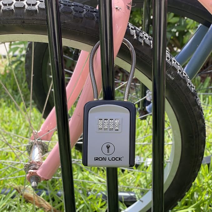Iron Lock® Key Lock Box with Code, Portable Cable Shackle (Small, Grey) | Holds 2-3 house keys or an access card; 11-in steel cable loops on gate or rail; weather-resistant; no app or battery
