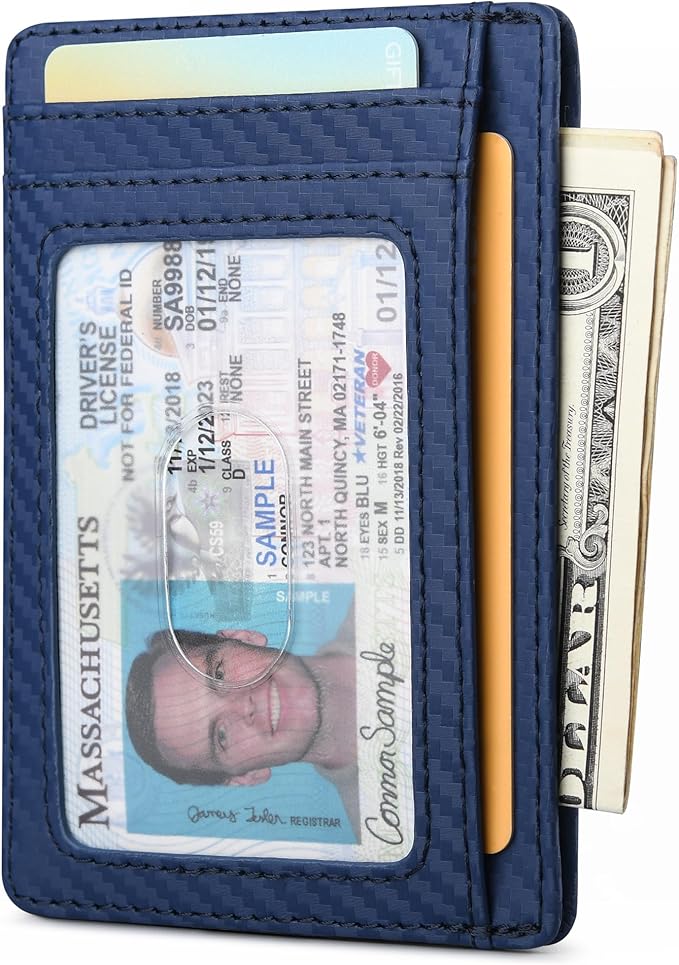 Buffway Slim Minimalist Front Pocket RFID Blocking Leather Wallets for Men and Women - Carbon Fiber Blue